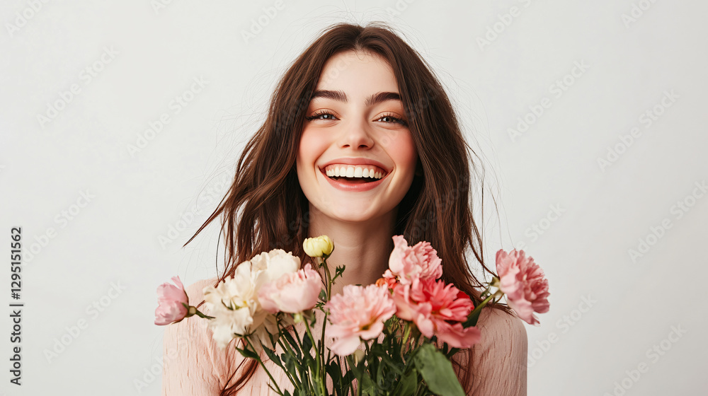 Joyful woman holding a bunch of beautiful fresh flowers capturing the essence of nature's vibrant colors Joyful woman holding a bunch of beautiful fresh flowers capturing the essence of nature's vibrant colors