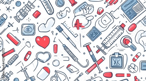 Colorful Medical Equipment and Health Symbols Background Pattern