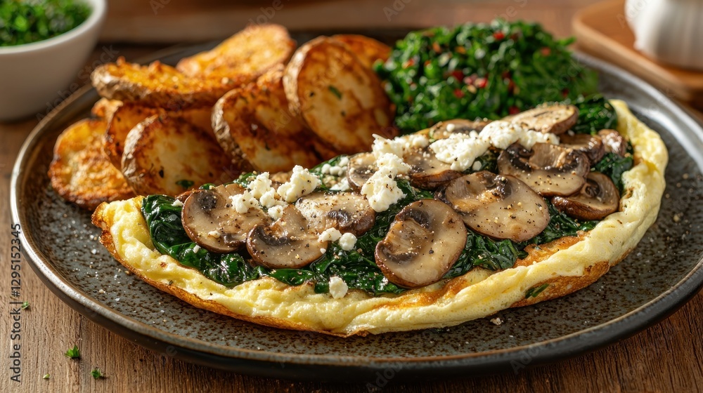 Hearty Mushroom & Spinach Omelette with Roasted Potatoes Hearty Mushroom & Spinach Omelette with Roasted Potatoes