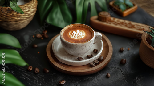 still life with coffee and green leave