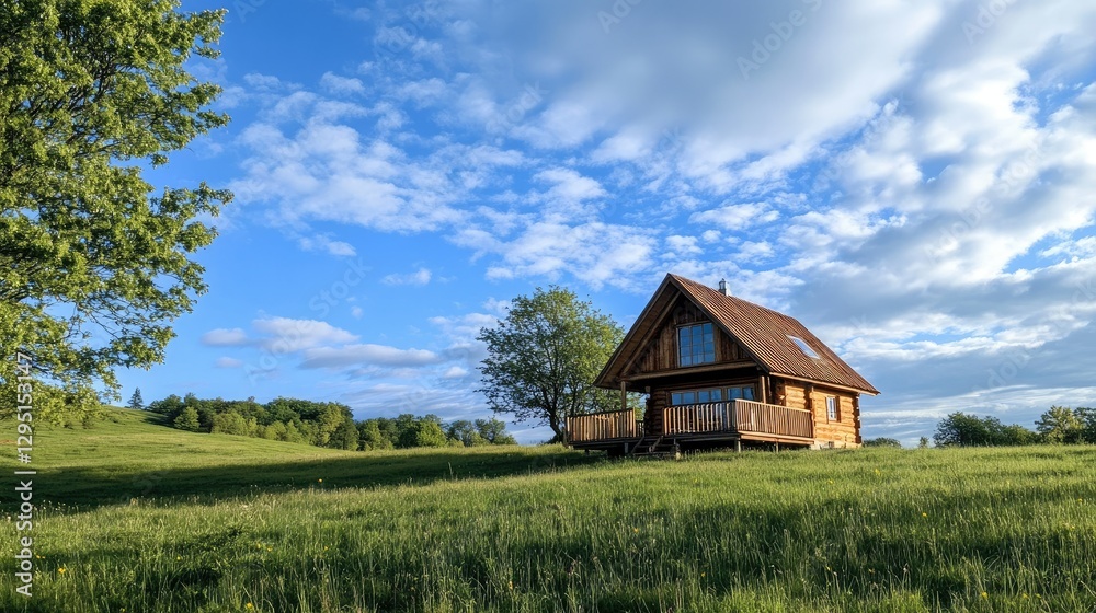 Cozy wooden cabin nestled among green fields under a bright blue sky, radiating peaceful countryside vibes. Cozy wooden cabin nestled among green fields under a bright blue sky, radiating peaceful countryside vibes.