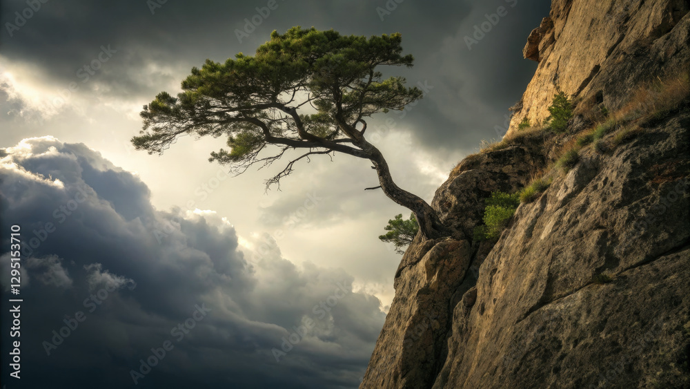 solitary tree clings to rocky cliff under dramatic sky solitary tree clings to rocky cliff under dramatic sky