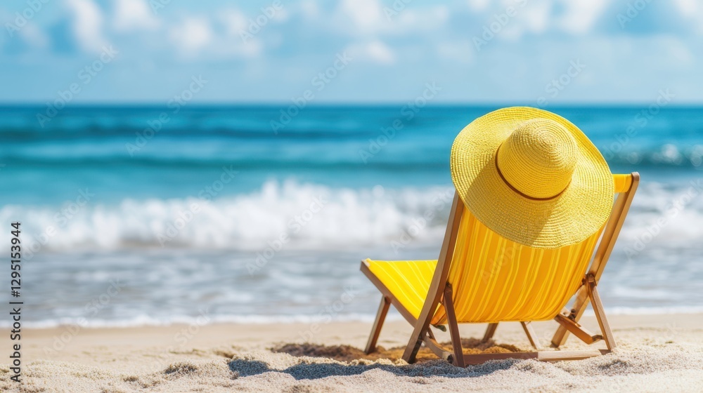 A vibrant yellow chair adorned with a matching yellow hat, positioned on a sandy beach, creating a lively and inviting coastal scene. A vibrant yellow chair adorned with a matching yellow hat, positioned on a sandy beach, creating a lively and inviting coastal scene.
