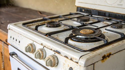 Old gas stove with rust and grime, showcasing wear and tear in kitchen