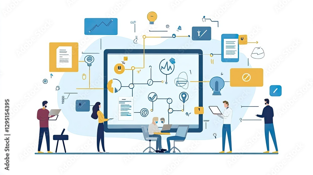 Employees collaborating on an interactive board with a business process diagram, streamlining task management. Employees collaborating on an interactive board with a business process diagram, streamlining task management.