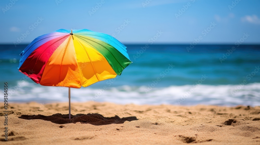 A vibrant umbrella stands on the sandy beach, contrasting with the blue ocean waves in the background under a clear sky. A vibrant umbrella stands on the sandy beach, contrasting with the blue ocean waves in the background under a clear sky.