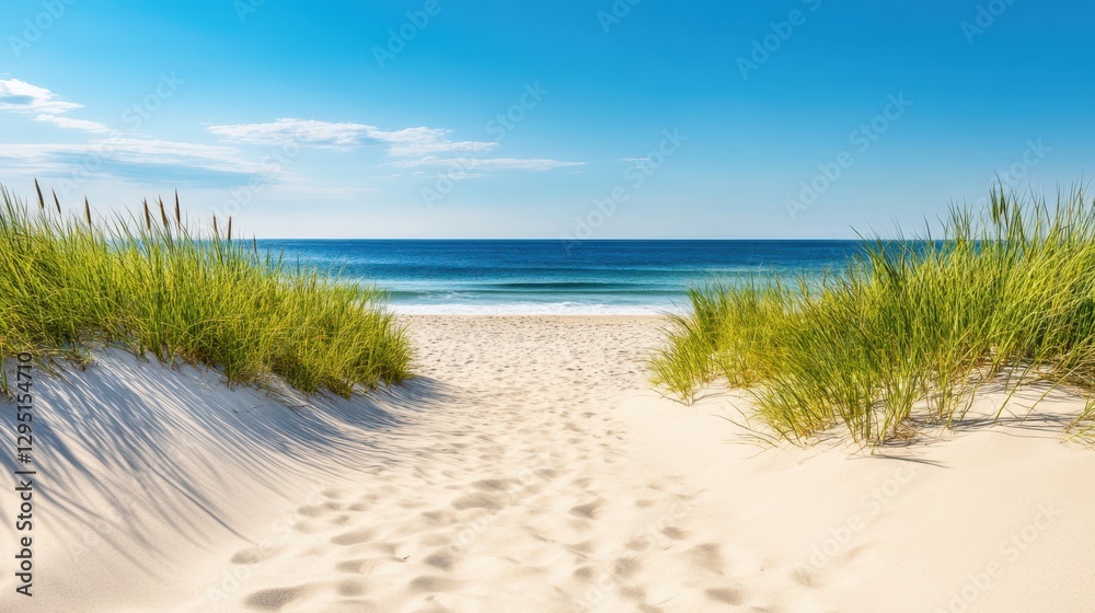 A scenic path meanders through lush greenery, inviting visitors to a beautiful beach that opens up to the vast ocean beyond.