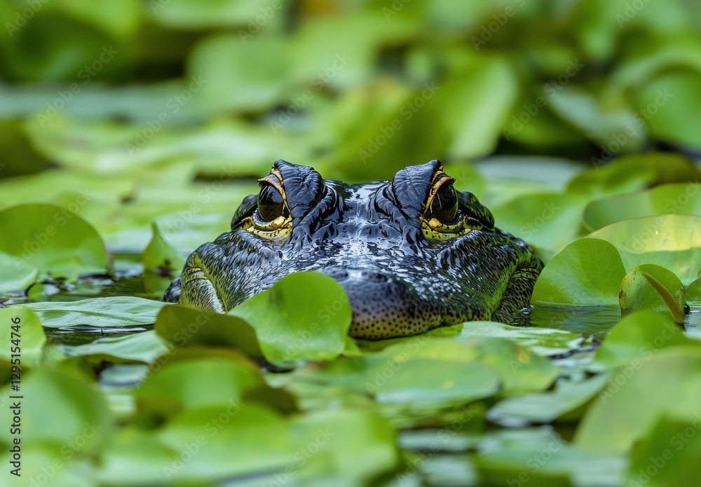 Close-Up View of a Crocodile Eyes Peeking Above Water Surrounded by Green Lily Pads in Natural Habitat Close-Up View of a Crocodile Eyes Peeking Above Water Surrounded by Green Lily Pads in Natural Habitat
