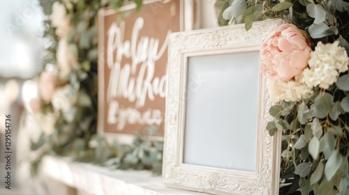 Rustic wedding photo frame display with floral arrangements