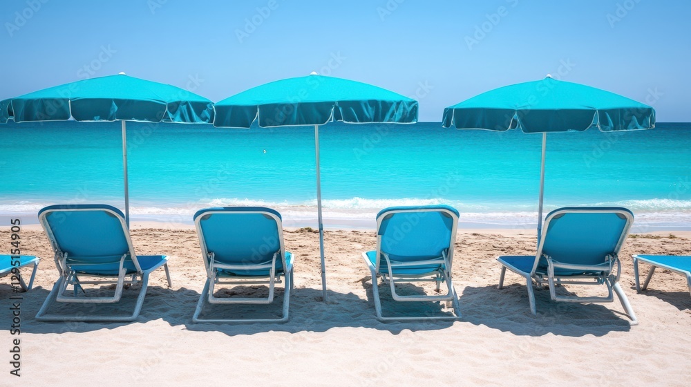 Colorful beach chairs and umbrellas arranged on a sandy shore, overlooking clear turquoise waters and a bright blue sky. Colorful beach chairs and umbrellas arranged on a sandy shore, overlooking clear turquoise waters and a bright blue sky.