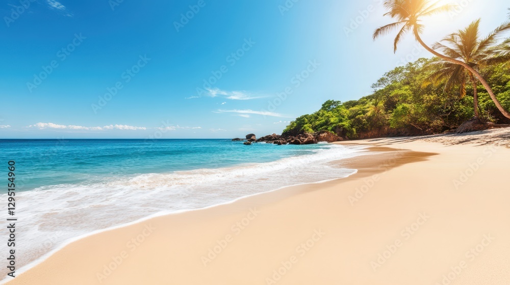 A serene sandy beach features a few palm trees gently swaying along the picturesque shoreline, inviting relaxation and tranquility. A serene sandy beach features a few palm trees gently swaying along the picturesque shoreline, inviting relaxation and tranquility.