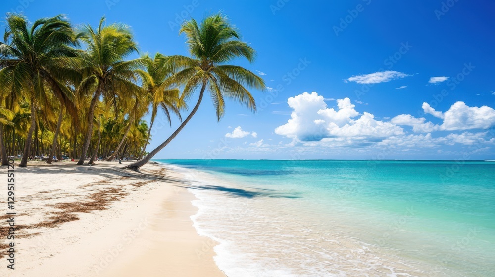 A serene beach scene featuring a row of Arafly palm trees under a bright blue sky, creating a perfect tropical getaway atmosphere. A serene beach scene featuring a row of Arafly palm trees under a bright blue sky, creating a perfect tropical getaway atmosphere.