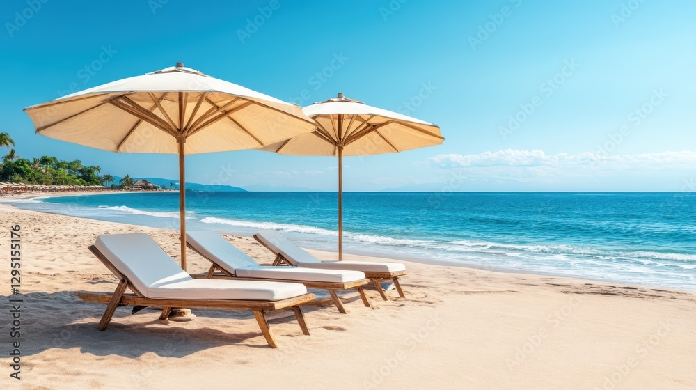 Two lounge chairs rest under umbrellas on a sandy beach, inviting relaxation and enjoyment in a serene coastal setting. Two lounge chairs rest under umbrellas on a sandy beach, inviting relaxation and enjoyment in a serene coastal setting.