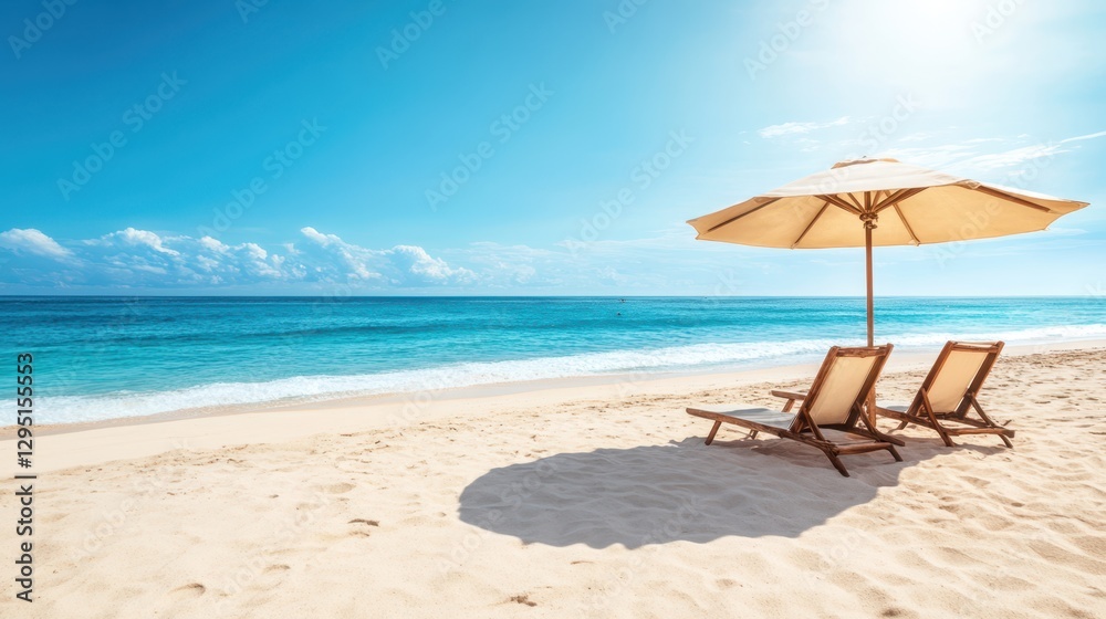Two beach chairs and a colorful umbrella are set up on the sandy shore, creating a cozy spot for relaxation by the water. Two beach chairs and a colorful umbrella are set up on the sandy shore, creating a cozy spot for relaxation by the water.