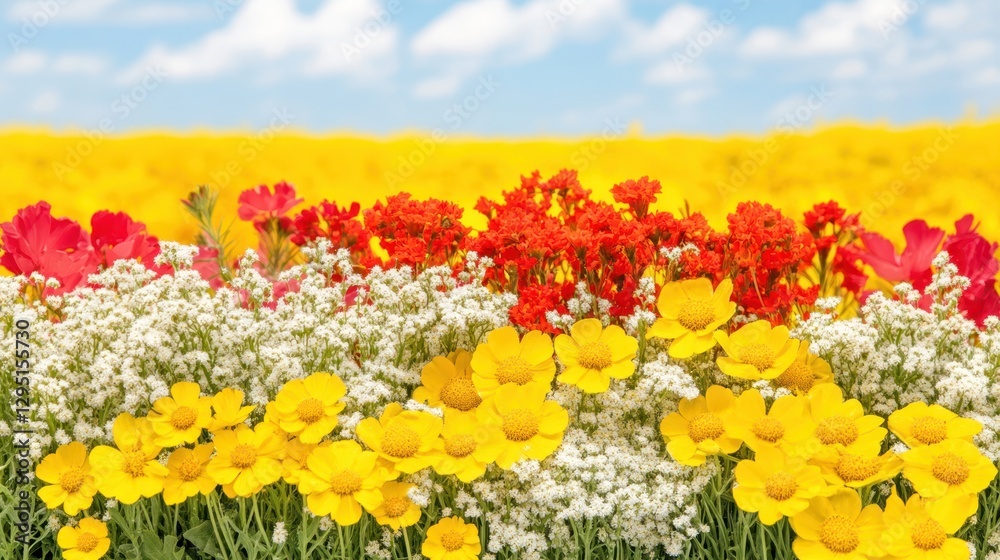 Fototapeta premium A vibrant field filled with colorful flowers, showcasing brilliant hues of yellow, red, and white, creating a stunning natural landscape.