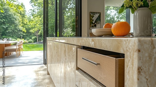 Modern kitchen island drawer open, backyard view photo