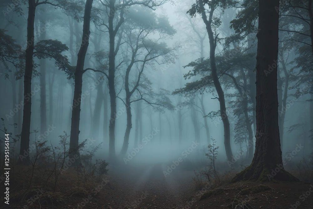 Fototapeta premium Enchanted Fog Blankets Tranquil Forest for a Calming Ambient Experience
