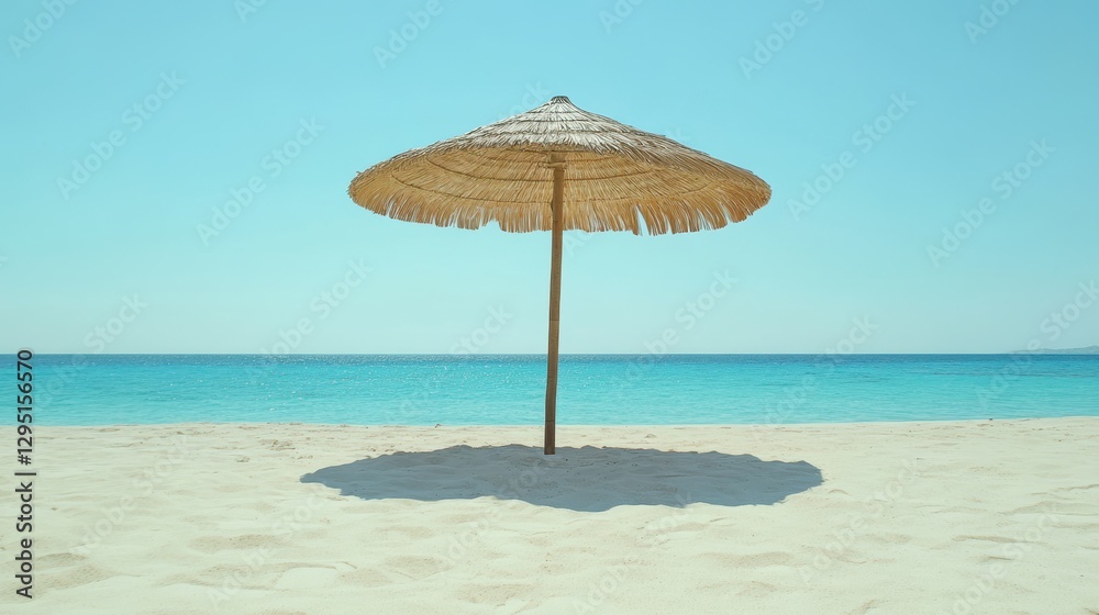 A straw umbrella stands on the sandy beach, providing shade beside the sparkling ocean under a clear blue sky. A straw umbrella stands on the sandy beach, providing shade beside the sparkling ocean under a clear blue sky.