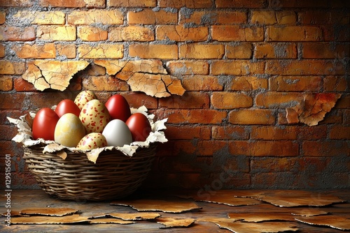 Easter Eggs in Rustic Basket Against Brick Wall