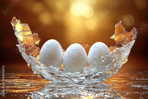 Three White Eggs in a Shattered Glass Nest Against a Golden Background