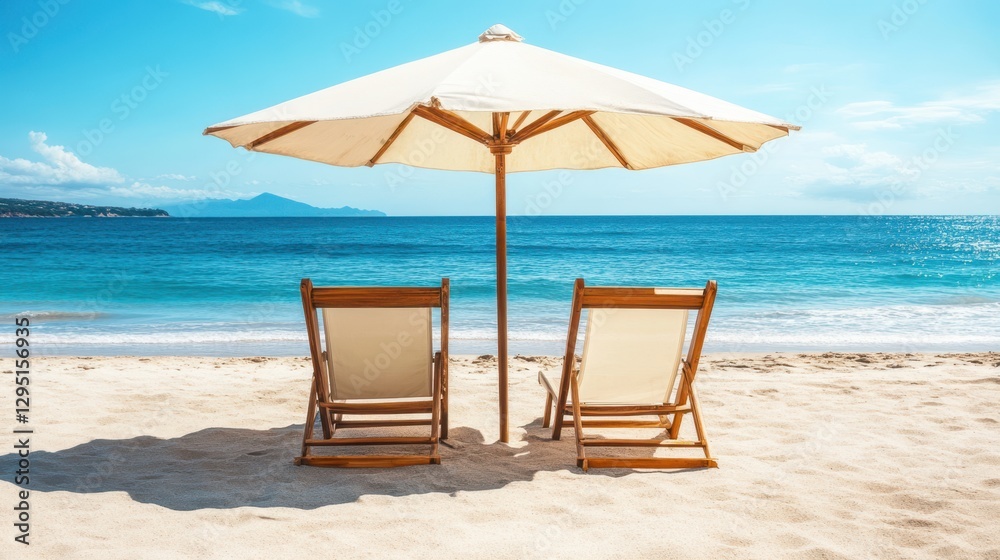 Fototapeta premium A serene beach scene featuring two colorful chairs positioned under a large umbrella, inviting relaxation by the ocean waves.