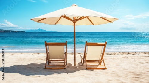 Wallpaper Mural A serene beach scene featuring two colorful chairs positioned under a large umbrella, inviting relaxation by the ocean waves. Torontodigital.ca
