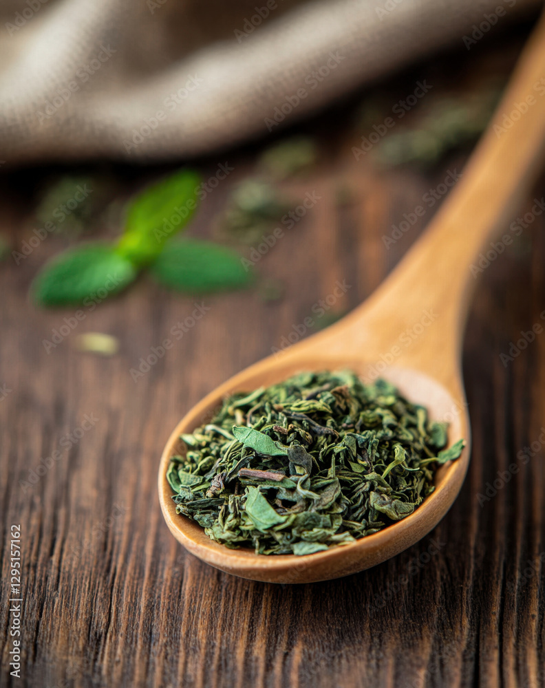 Dried green tea leaves in wooden spoon on rustic wooden surface, surrounded by fresh mint leaves, evoke sense of natural wellness and tranquility Dried green tea leaves in wooden spoon on rustic wooden surface, surrounded by fresh mint leaves, evoke sense of natural wellness and tranquility