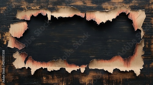 Torn Cardboard Frame on Dark Wooden Background