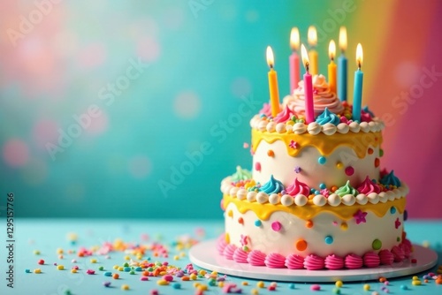 A Festive Two-Tiered Birthday Cake Adorned with Colorful Icing, Sprinkles, and Lit Candles on a Pastel Background