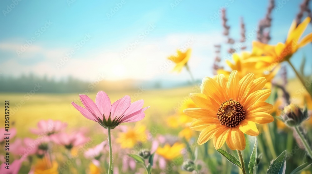 Fototapeta premium A vibrant field blooms with numerous yellow and pink flowers, showcasing nature's beauty and diversity in colors and forms.