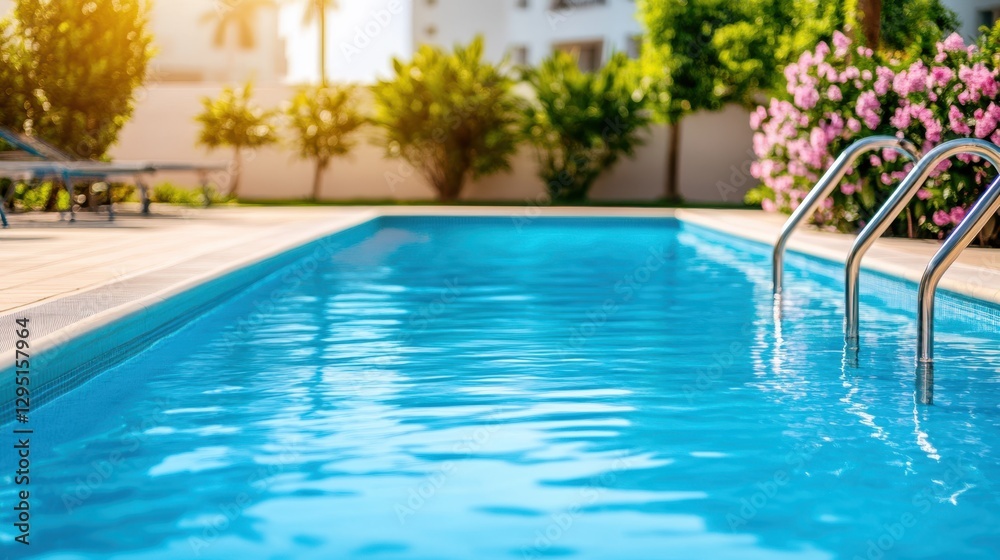 Fototapeta premium A serene pool features a ladder positioned centrally, inviting relaxation and enjoyment on a sunny day.