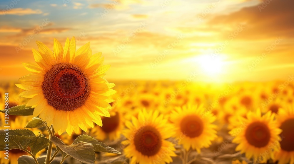 Fototapeta premium A vibrant field of sunflowers under a stunning sunset, showcasing nature's beauty and tranquility in a picturesque landscape.