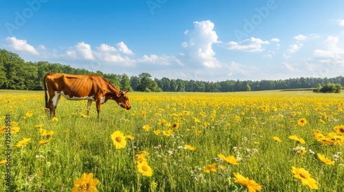 A brown cow stands gracefully in a vibrant field filled with bright yellow flowers, creating a picturesque rural scene.