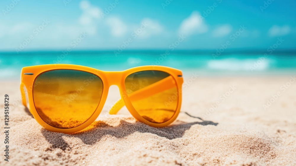 A pair of sunglasses rests on sandy beach, framed by a clear blue sky, evoking a relaxed and sunny summer atmosphere. A pair of sunglasses rests on sandy beach, framed by a clear blue sky, evoking a relaxed and sunny summer atmosphere.