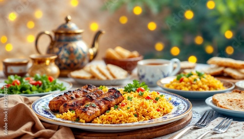 Iftar Dishes: Grilled Chicken, Yellow Rice, and Side Dishes