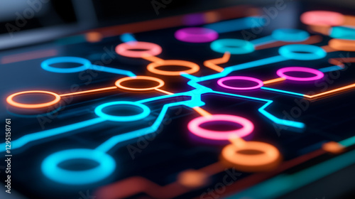 vibrant holographic decision tree diagram with colorful nodes and connections, showcasing advanced technology and data