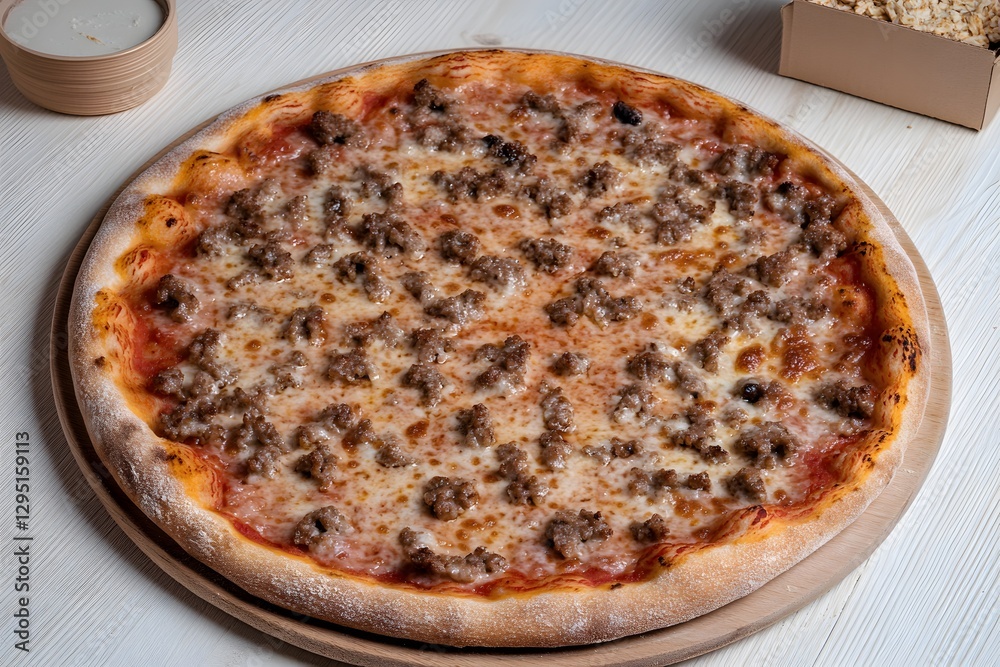 Delicious Homemade Meat Pizza on Wooden Board Delicious Homemade Meat Pizza on Wooden Board