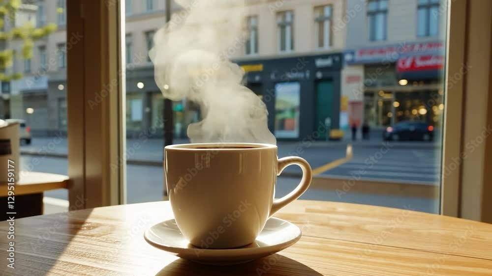 Steaming coffee, cafe, city street, sunlight, breakfast