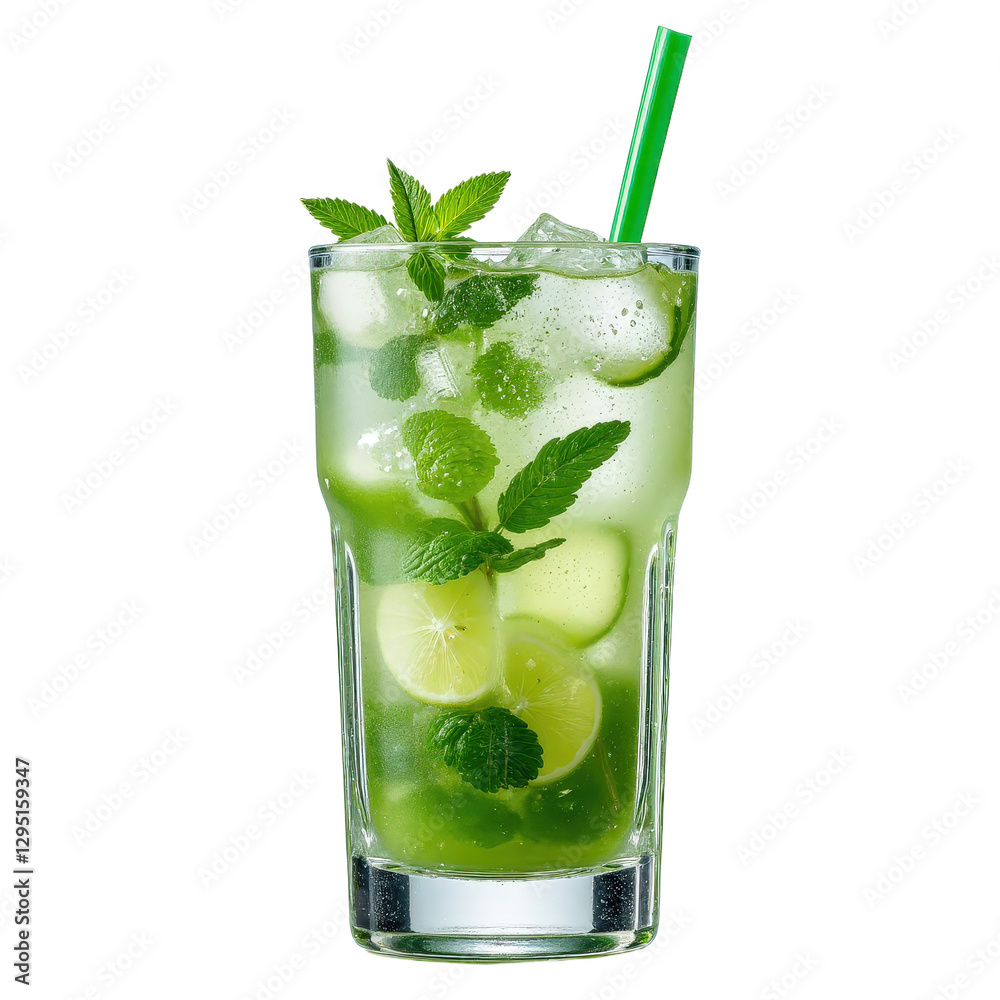 Mojito in a glass with green straw, mint, lime slices and transparent background Mojito in a glass with green straw, mint, lime slices and transparent background