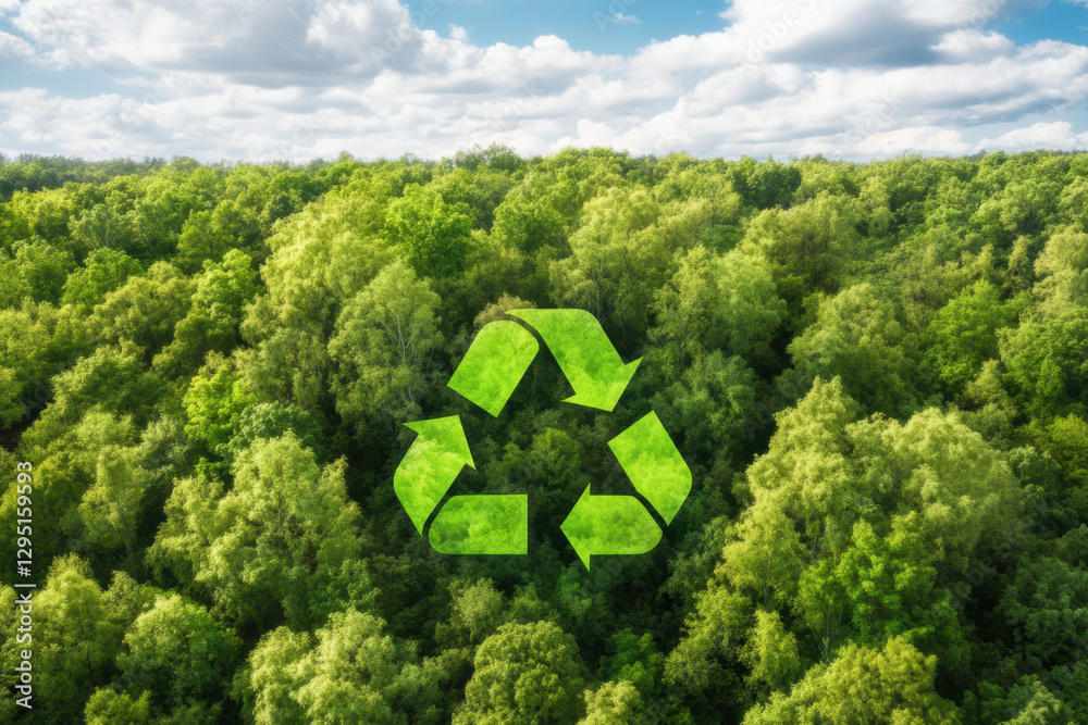 Naklejka premium Aerial view of lush green forest with prominent recycling symbol, emphasizing eco friendliness and sustainability. vibrant foliage reflects healthy ecosystem