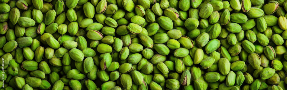 Fresh green pistachio nuts scattered on surface, showcasing their vibrant color and texture. Perfect for culinary uses or healthy snacking Fresh green pistachio nuts scattered on surface, showcasing their vibrant color and texture. Perfect for culinary uses or healthy snacking