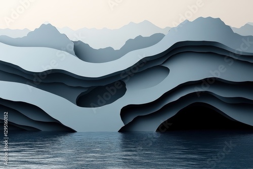 Layered Mountainscape Abstract Paper Cut Art Landscape with Calm Water