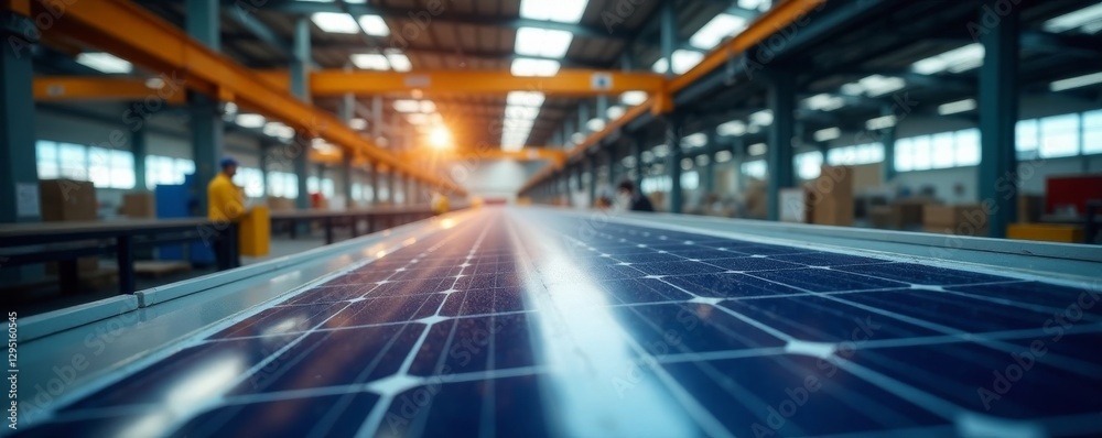 Fototapeta premium Solar panels & recycled materials in a factory, waste management, remanufacturing