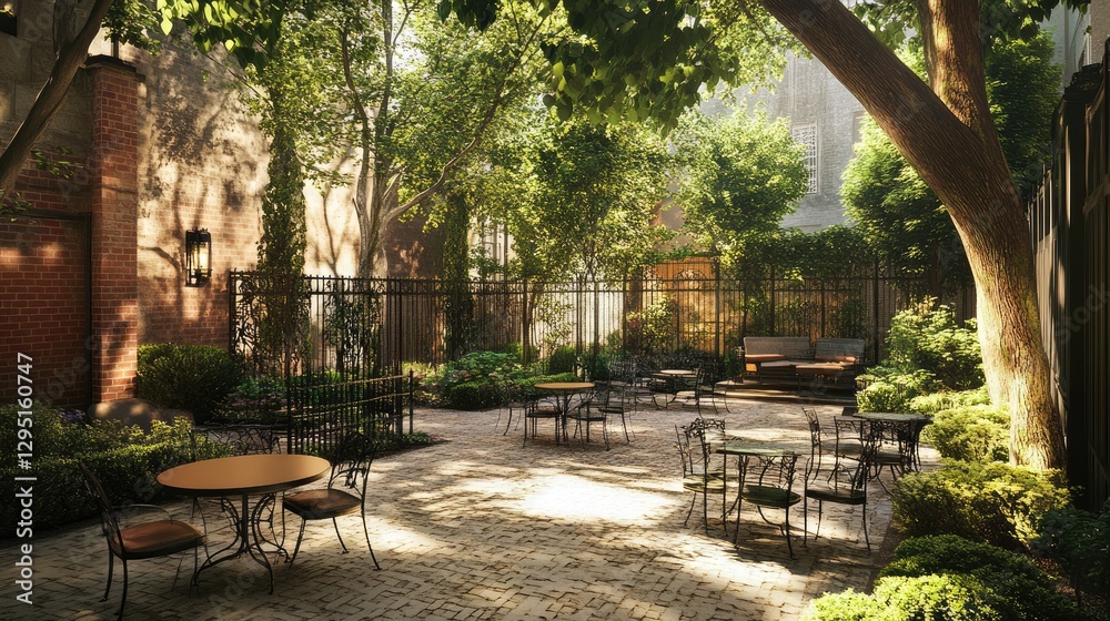 Obraz premium A backyard patio with seating under a leafy tree canopy.