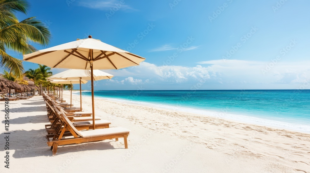Colorful beach chairs and umbrellas are arranged neatly on a pristine white sandy beach, inviting relaxation and enjoyment under the sun. Colorful beach chairs and umbrellas are arranged neatly on a pristine white sandy beach, inviting relaxation and enjoyment under the sun.
