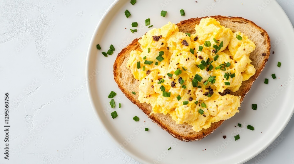 Delicious Scrambled Eggs on Toast with Fresh Chives Garnish and Spices Delicious Scrambled Eggs on Toast with Fresh Chives Garnish and Spices