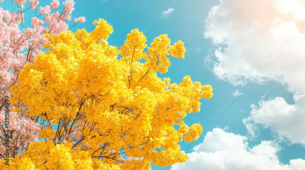 A vibrant yellow tree adorned with delicate pink flowers stands prominently in the foreground, creating a striking contrast against a serene backdrop. A vibrant yellow tree adorned with delicate pink flowers stands prominently in the foreground, creating a striking contrast against a serene backdrop.