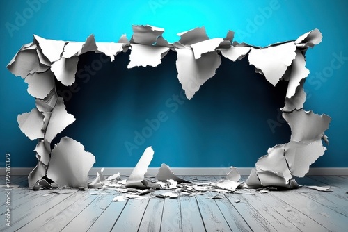 Broken Wall with Teal Background - Hole in Plaster - Destruction Concept
