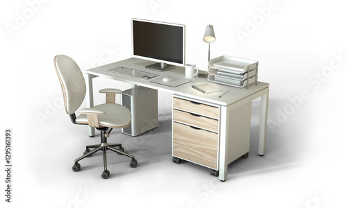 Stylish office furniture in white and neutral colors. 3D render. Ergonomic chair. Desk with drawers, computer and accessories. Transparent PNG available.