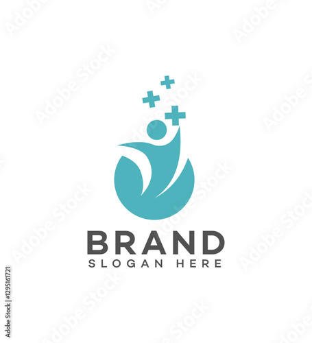 Healthcare Wellness Logo Human Figure, Plus Signs, Leaf, Brand Identity